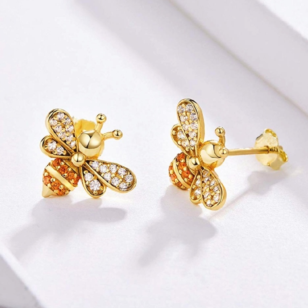 Gold busy honey bee stud earrings - Picture 2 of 7